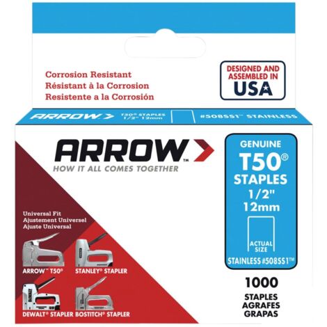 Arrow T50 Stainless Steel Staples 12mm (1/2 inch), 1000-Count Box, Model ARRT5012SS