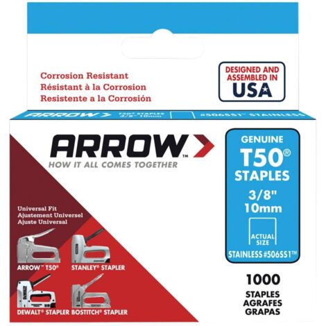 Arrow T50 Staples 10mm (3/8 inch) Stainless Steel for Heavy-Duty Stapling – Pack of 1000 (Model 506SS)