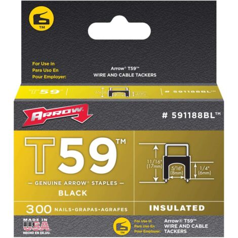 Arrow T59 Black Insulated Staples, 6 x 8mm (1/4" x 5/16"), Pack of 300, Model ARR591188BL