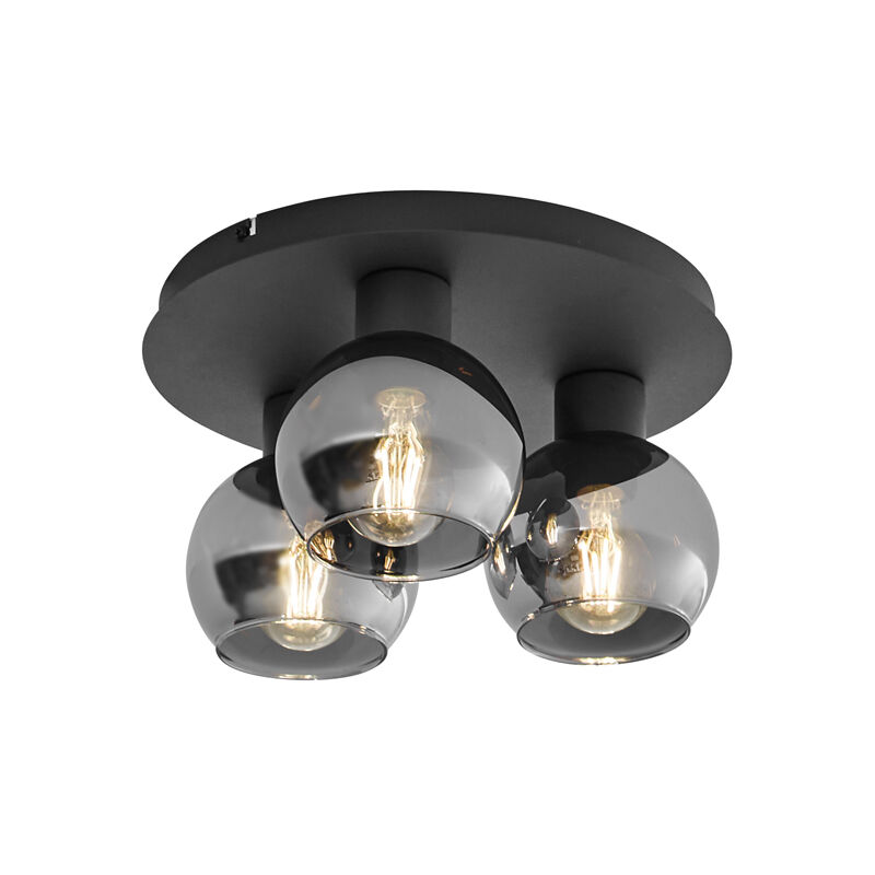 Art Deco Ceiling Light Black with Smoke Glass 3-Light - Vidro