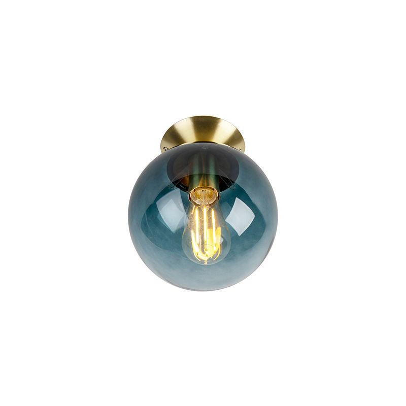 Art Deco Ceiling Lamp 20cm Brass with Ocean Blue Glass Shade - Pallon