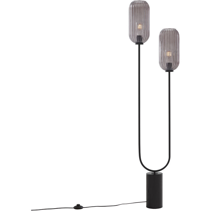 Qazqa - Art Deco Floor Lamp Black with Smoke Glass 2-Light - Rid