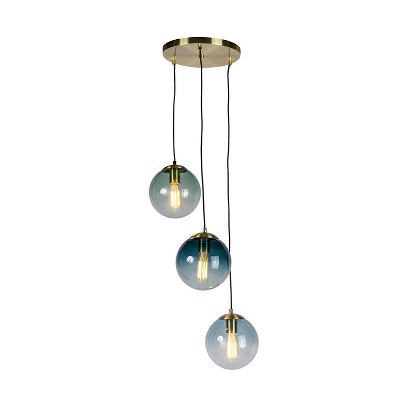 Art deco hanging lamp brass with blue glass - Pallon