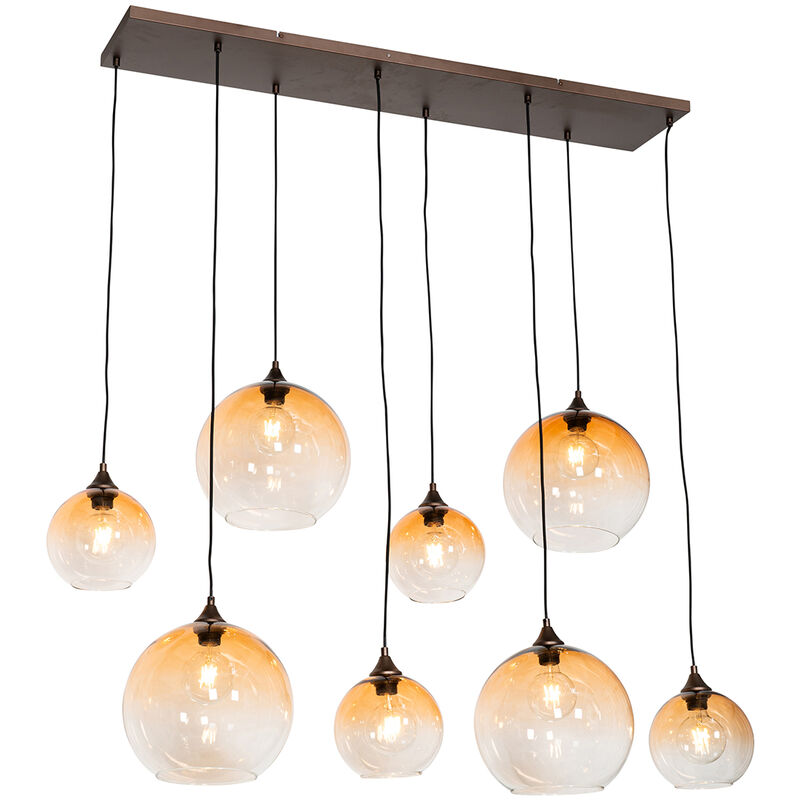 Qazqa Art-deco-hängelampe Aus Bronze Mit Bernsteinfarbenem Glas, 8-flammig – Sandra
