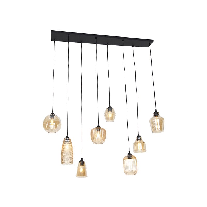 Art Deco Pendant Light Black with Amber Glass 8-Light - Hanne