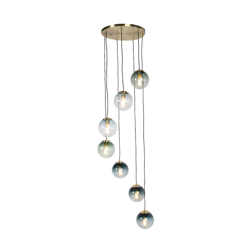 Art Deco Pendant Lamp Brass with 7 Ocean Blue and Green Shades - Pallon