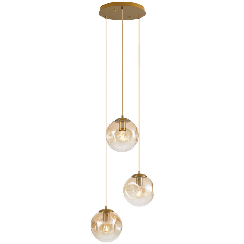 Qazqa Art Deco Hängelampe Messing Mit Bernsteinfarbenem Glas 3-lichter - Douglass