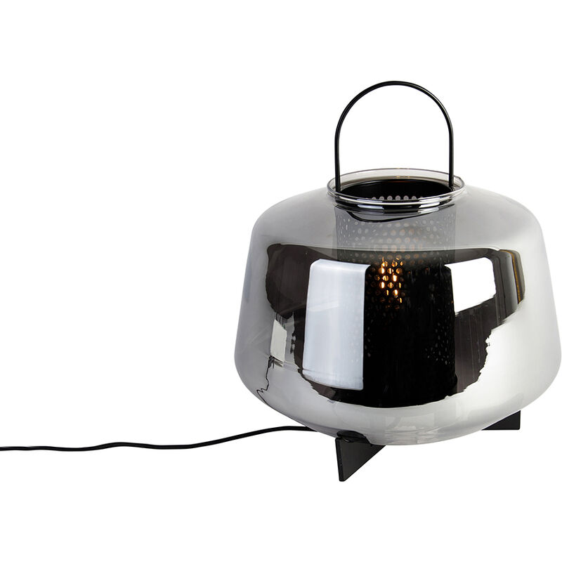 Qazqa Art Deco Tischlampe Schwarz Mit Rauchglas 30 Cm - Kevin