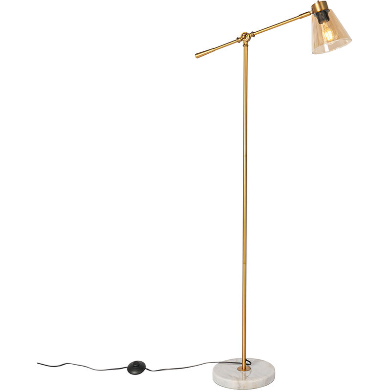 Qazqa - Art Deco Floor Lamp Bronze With Marble And Amber Glass - Nina
