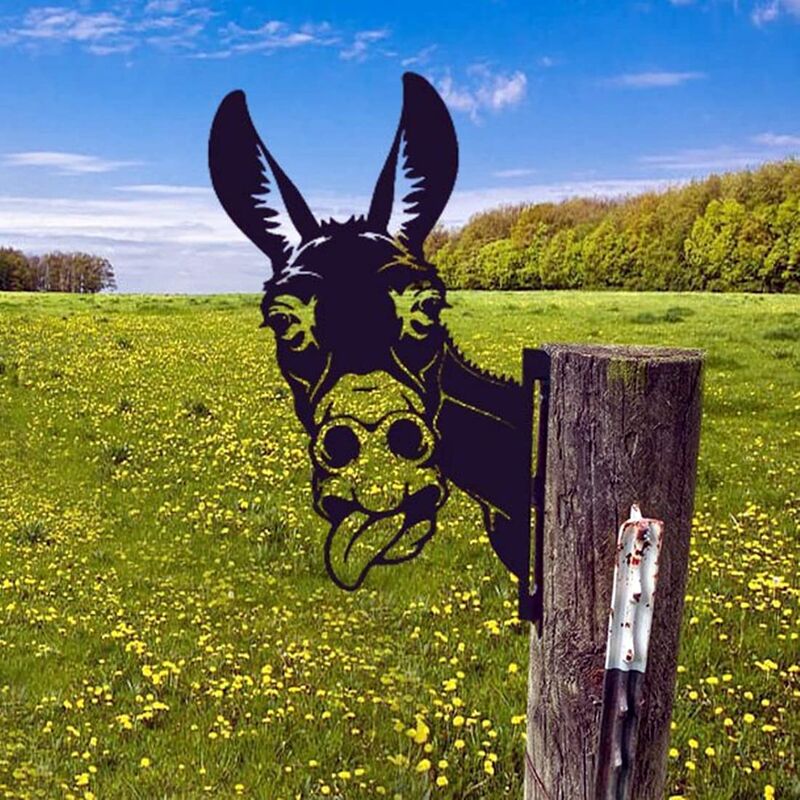 Art en métal représentant un animal curieux u2013 Décoration de jardin vache à la ferme pour extérieur, jardin, terrasse, pelouse, clôture ( 3 Âne),