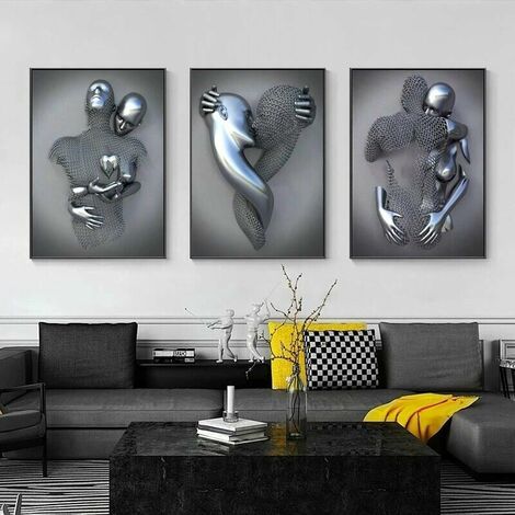 Art Modern Poster Set of 3 - 3D Metal Figure Statue Art Love Heart Kiss Pictures Wall Art Décoration - Sans Cadre - Décoration Murale Salon Décoration Murale Décoration (30 40cm)