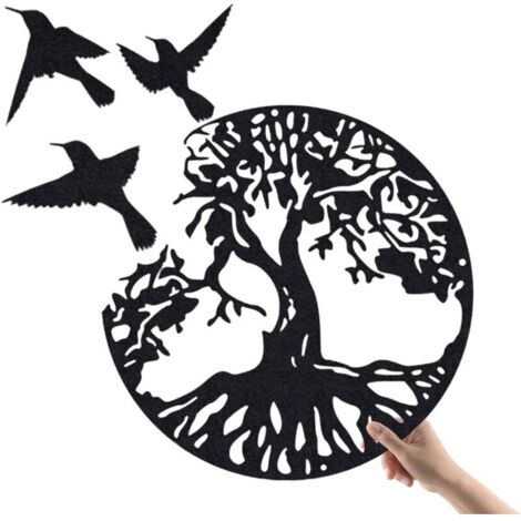Art Mural en Métal Arbre De Vie avec Oiseaux Déco Noir - 28CM/11.02in Décoration Murale Arbre De Vie Deco Metal Murale Moderne Signe