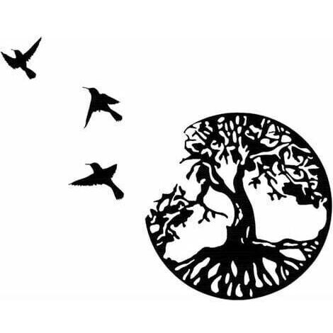 Art Mural en Métal Arbre De Vie avec Oiseaux Déco Noir - 28CM/11.02in Décoration Murale Arbre De Vie Deco Metal Murale Moderne Signe De ​Famille Arbre en Métal Décoration D'intérieur