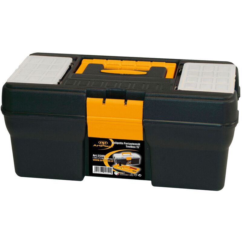 Dema - Boîte à outils en polypropylène 15 'l 392 x p 210 x h 188 mm, avec 2 organisateurs sur la couverture + 1 plateau à l'intérieur - Noir jaune
