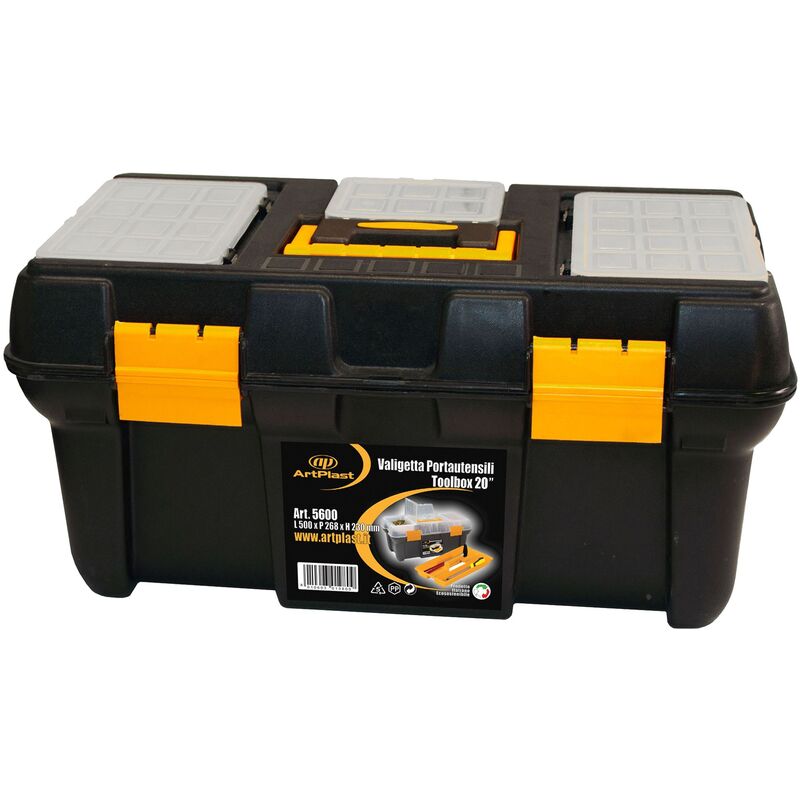 Dema - Toolbox Plateau en plastique pour outils 20 'l 500 x p 268 x h 230 mm, 3 organisateurs sur la couverture + plateau intérieur - Noir jaune