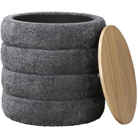 ARTA - Pouf coffre effet peau de mouton gris foncé et bois