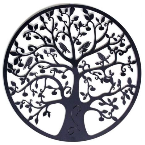 Arte de pared de metal con árbol de la vida, decoración de pared de metal, decoración del hogar, tapices, 30 x 30 cm, negro