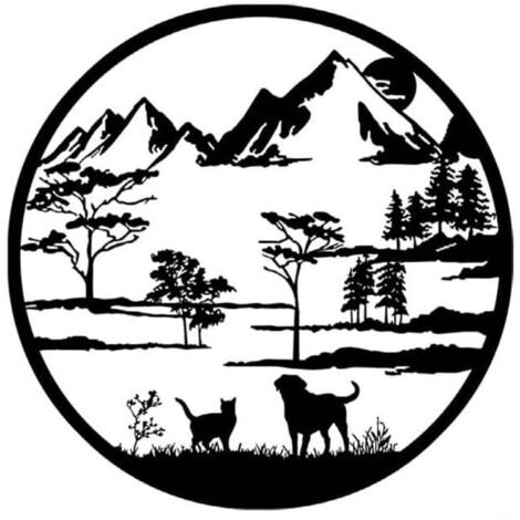 Arte de pared de metal KZQ con motivos de montaña y bosque, decoración de pared de perro y gato, escultura rústica de pared, decoración de interior y exterior, 40 cm