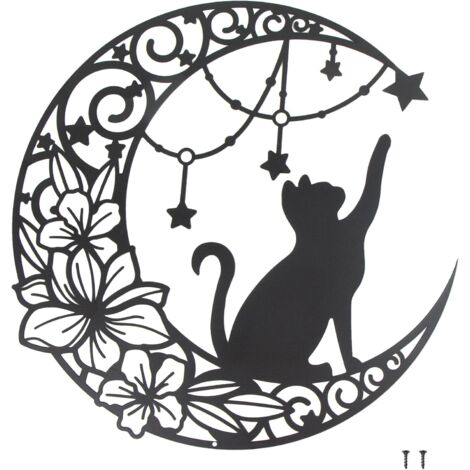 Arte de pared de metal negro de 11.8", silueta de gato recogiendo estrellas en la luna, decoración de pared redonda, ideal para interiores y exteriores, regalo para jardín, decoración del hogar (30 x 