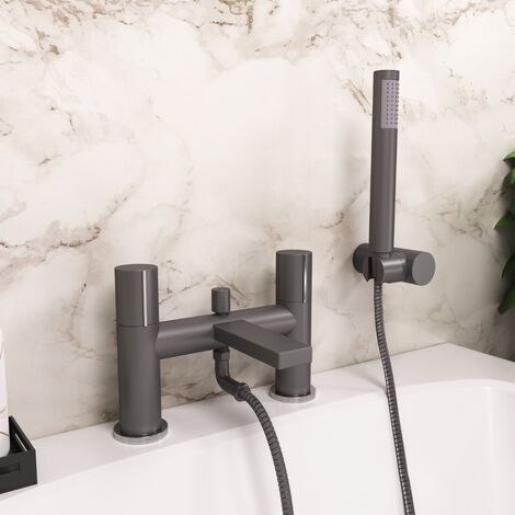 Arte Deck Mounted Handleless Bath Shower Mixer Matt Grey with Handset and Adjustable Holder
