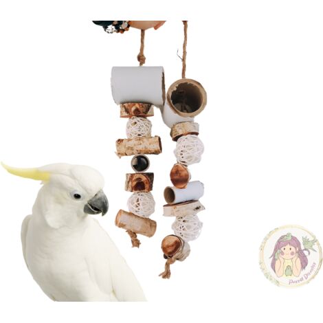 Set 7 Pezzi Giochi Per Pappagalli - Giocattoli Naturali In Legno E Cocco Con Campane