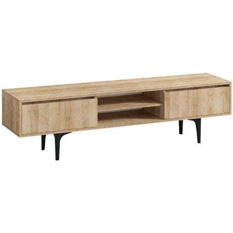 DESIGN MILLENNIUM Meuble TV - 2 tiroirs et 2 niches - Naturel et noir - OLIENA - Naturel clair