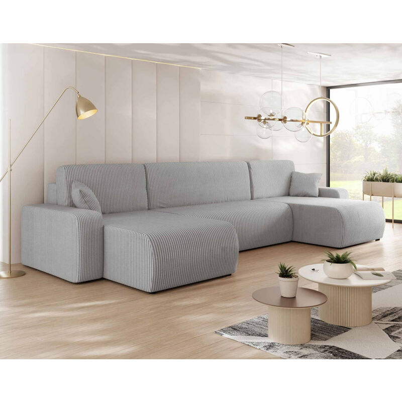Bestmobilier - Artemisa - canapé panoramique en u - 7 places - convertible avec coffre - en velours côtelé - gris clair