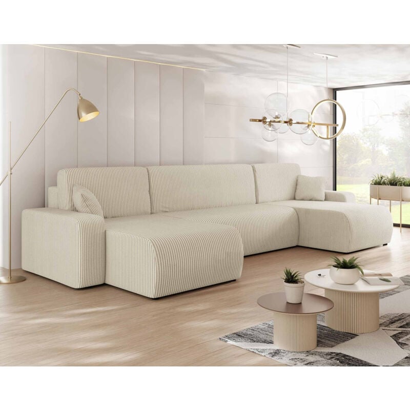 Bestmobilier - Artemisa - canapé panoramique en u - 7 places - convertible avec coffre - en velours côtelé - beige