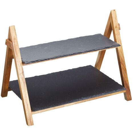 Artesa Food Rack de Zweistöckig, Sockel de Holz de Akazie mit 2 rechteckigen Tabletts de Schiefer, 40 x 30 x 25 cm, Holz/Schiefer