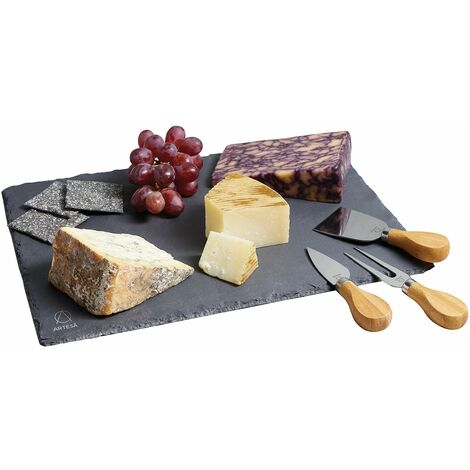 Artesà Set Tagliere / Vassoio in Ardesia Naturale e 3 Coltelli da Formaggio in Acciaio Inossidabile e Legno d'Acacia, Confezione Regalo Inclusa, 4 Pezzi