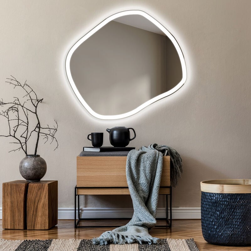 Foram - Artforma Miroir asymétrique avec Lumiere led sur Mesure Mural 64x54 cm Miroir de Salle de Bain avec Accessoires ROM222 Blanc Froid 7000K