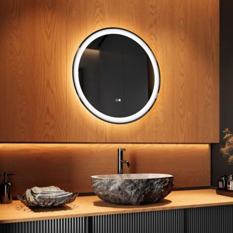 Artforma Miroir salle de bain LED rond avec éclairage avec Interrupteur tactile, Anti-buée, 3 Couleurs de lumière, 60cm diamètre