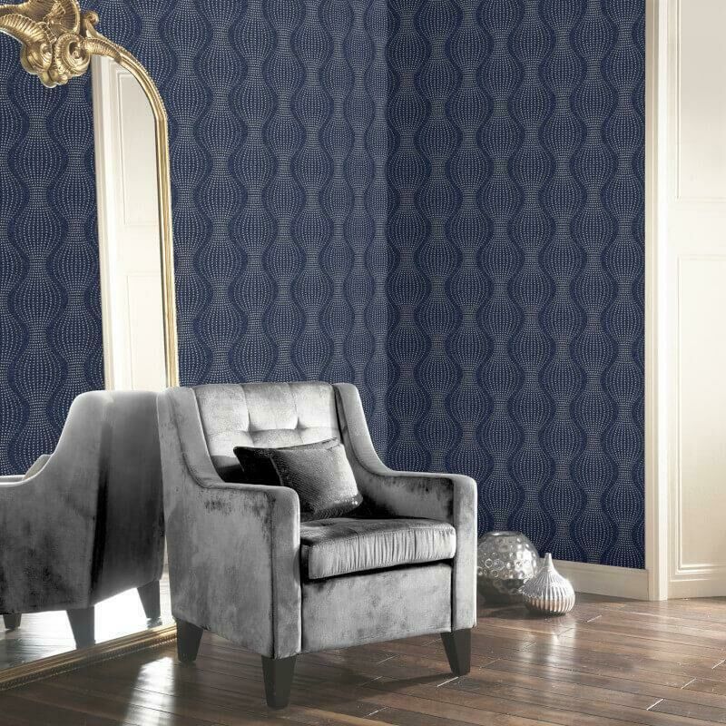 Calico Spot Dots Navy Blue Metallic Embossed Textured Vinyl Wallpaper - Arthouse