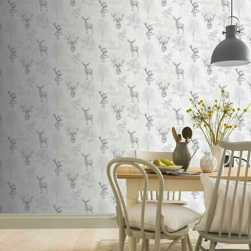Etched Stag Wallpaper Head Mono White Grey Nature Highland Cabin 901808 - Arthouse