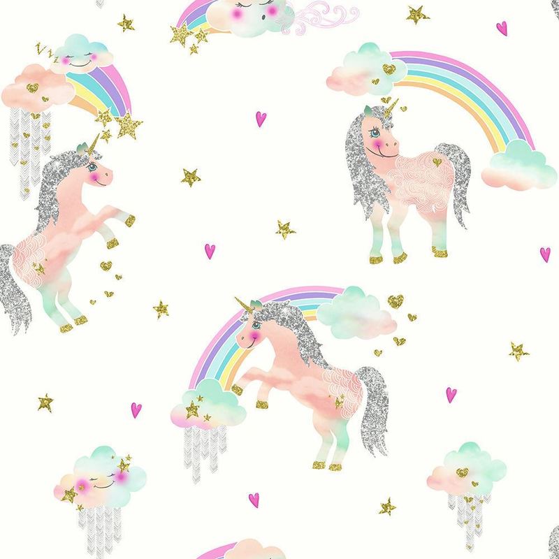 Rainbow Unicorn Wallpaper Girls Bedroom Glitter Sparkle White Silver Arthouse