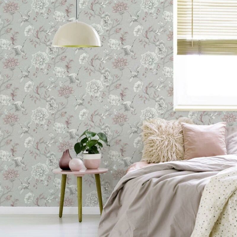 Japanese Crane Grey & Pink Wallpaper Textured Vinyl Feature Wall - Arthouse