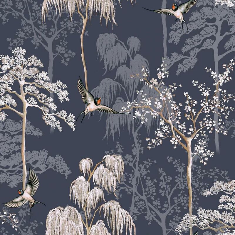 Japanese Garden Blue Floral Bird Design Paste The Paper Wallpaper - Arthouse