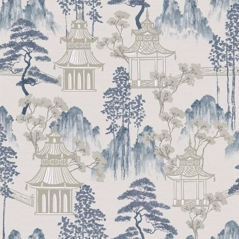 Arthouse - Japanese Pagoda Blue Grey Wallpaper Floral Oriental Feature Wall