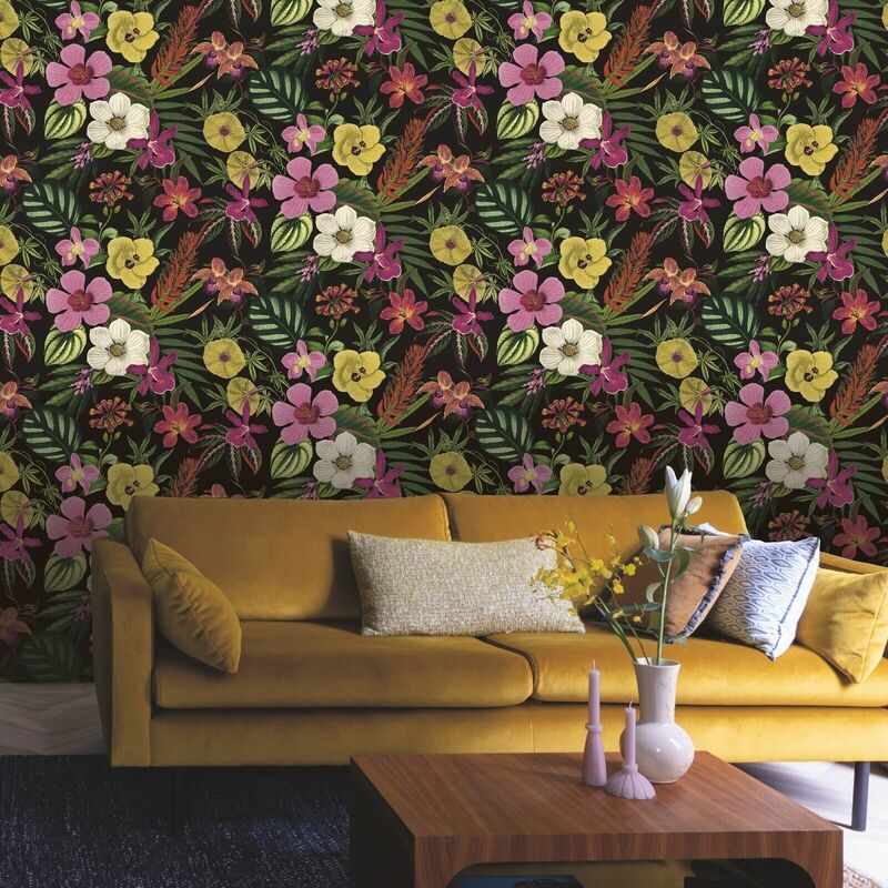 Black Floral Orchid Wallpaper Pink Yellow Exotic Tropical Palm Leaves Smooth