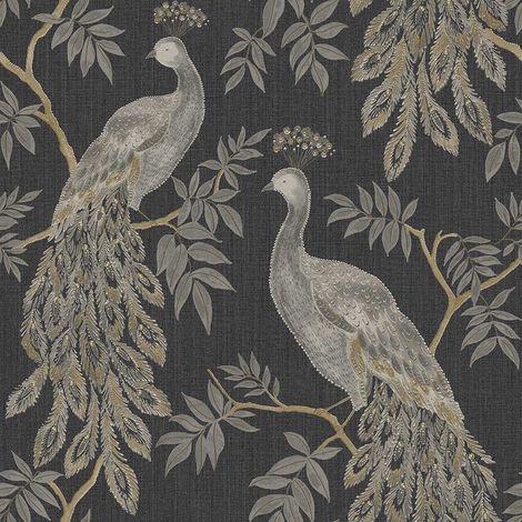 Black Gold Peacock Bird Wallpaper Metallic Tree Animal ...