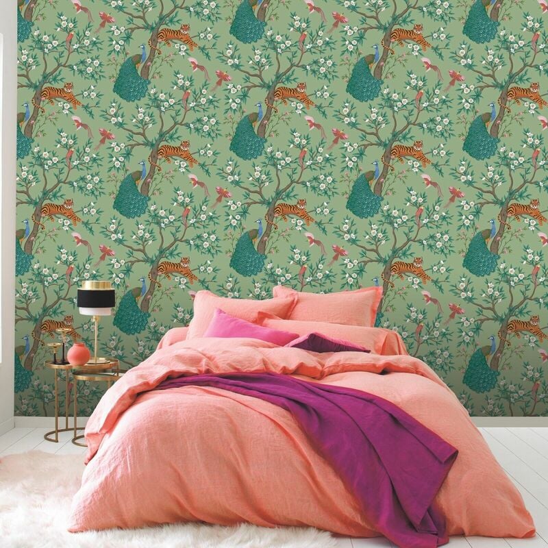 Sage Green Tropical Wallpaper Tiger Birds Peacock Trees Floral Exotic Jungle