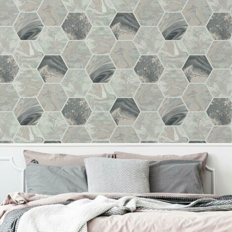 Arthouse Marbled Hexagon Geometric Charcoal SilverGrey Metallic Marble Wallpaper