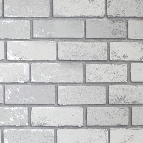 Arthouse Metallic Silver White Grey Wallpaper Brick Wall Realistic 3d Rustic