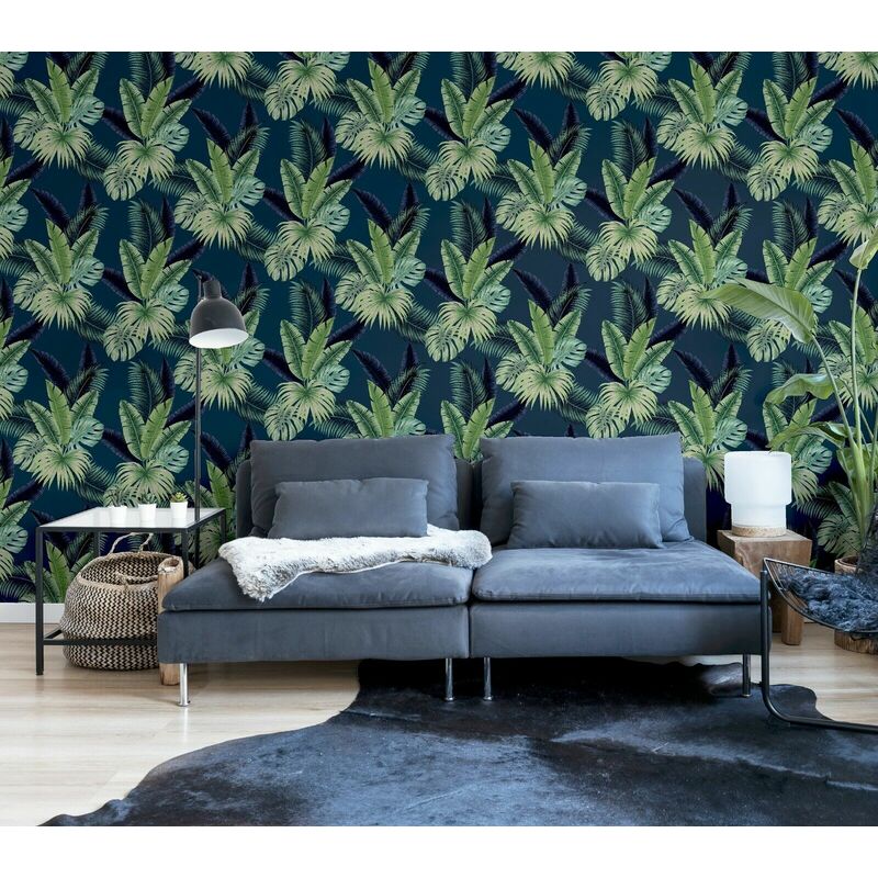 Miami Tropics Navy Blue Green Exotic Palm Leaves Wallpaper - Arthouse