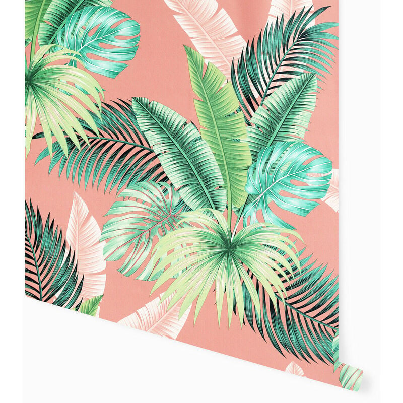 Arthouse - Miami Tropics Pink Tropical Jungle Palm Green Leaves Wallpaper