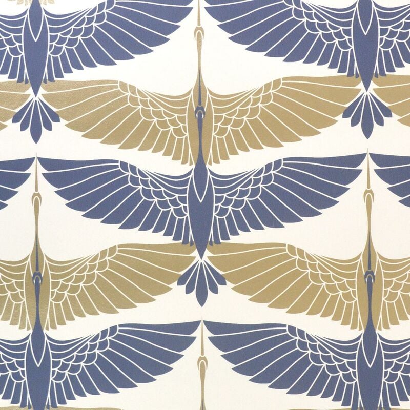 Arthouse - Oriental Cranes Gold Navy Wallpaper Metallic Effect Paste The Wall