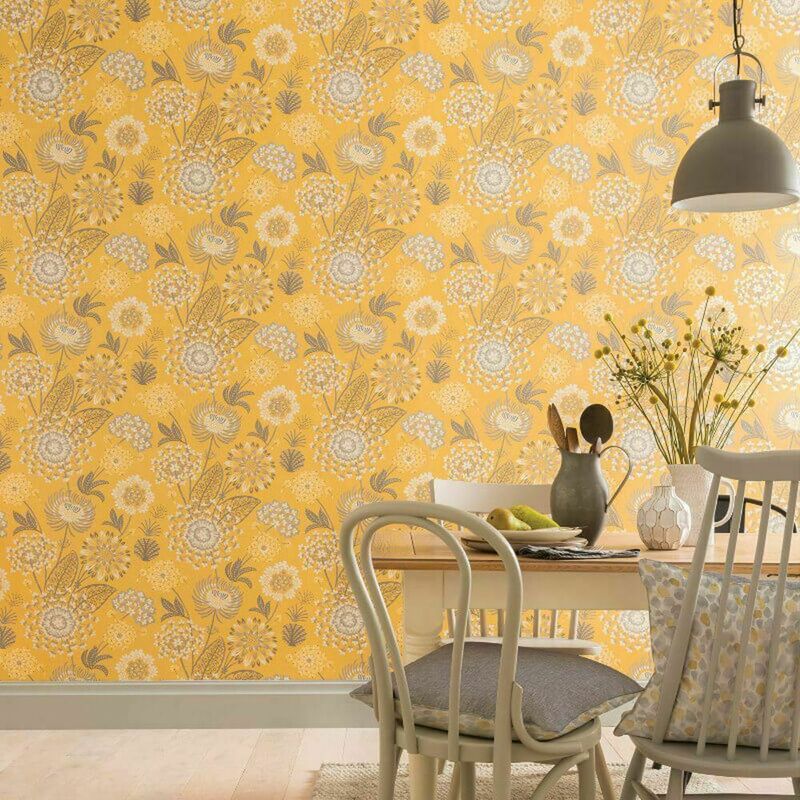 Vintage Bloom Mustard Yellow Floral Quality Vinyl Wallpaper 676206 - Yellow - Arthouse