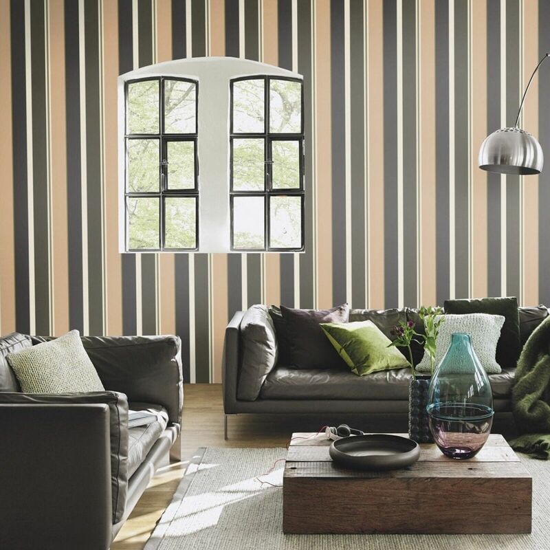 Black White Green Wallpaper Botanique Stripes Metallic Gold Textured Retro Vinyl