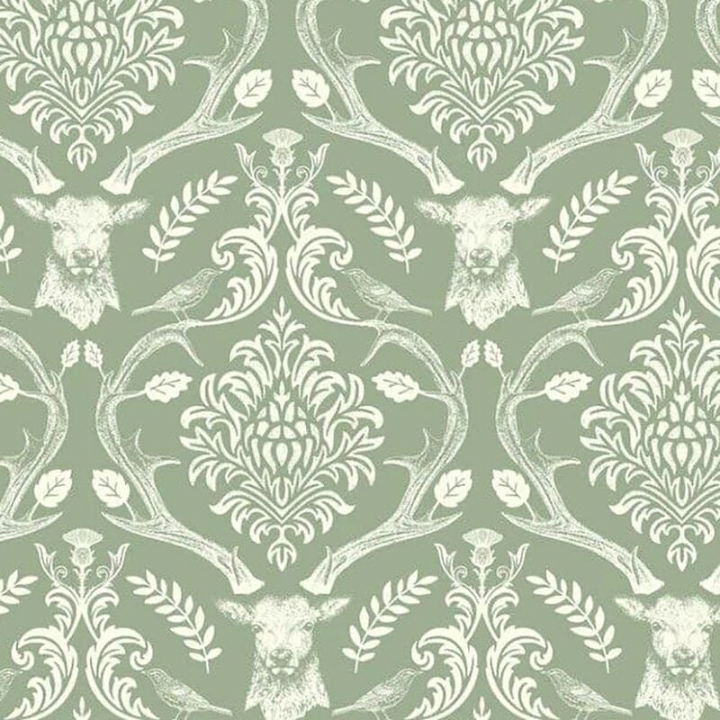 Stag Damask Sage Green Wallpaper Floral Birds Trees Modern Contemporary - Arthouse