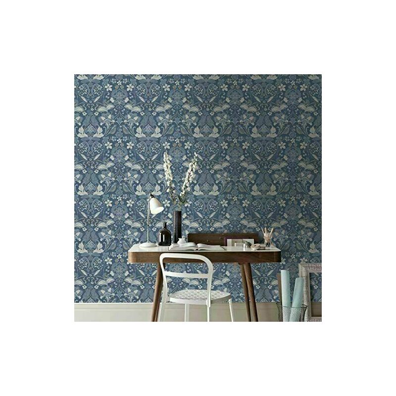 Arthouse - Traditional Folk Floral Trail Denim Blue Birds Flowers Leaves Wallpaper - Blue